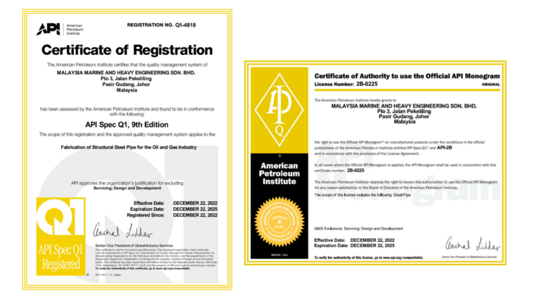 MHB is now certified by American Petroleum Institute for Fabrication of Structural Steel Pipe for the Oil and Gas Industry