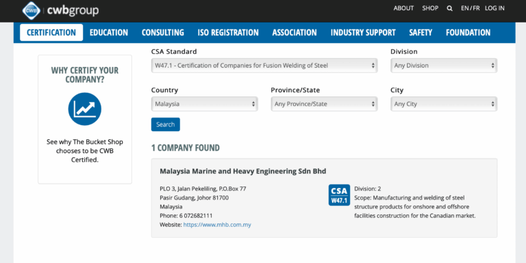 MMHE is First Company in Malaysia to be a Division 2 Certified Company under the Canadian Standard Association (CSA) Standard W47.1
